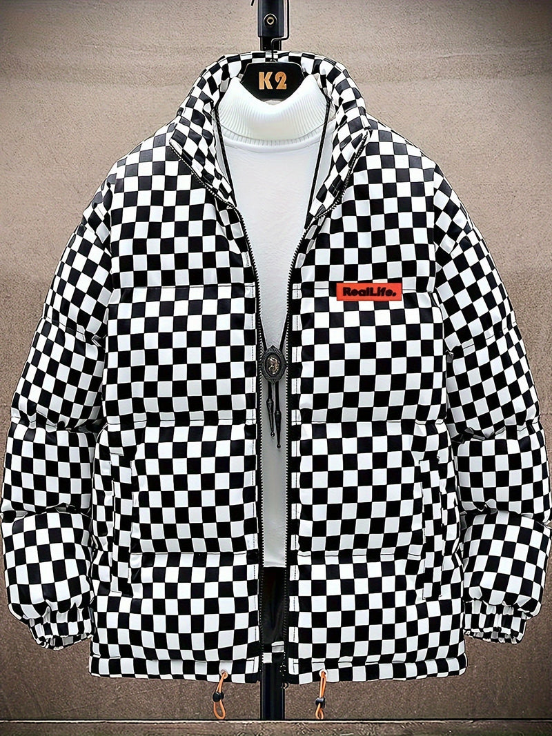 Stylowa Puchowa Kurtka w Kratę dla Mężczyzn – Oddychająca i Ciepła Kurtka Zimowa z Stojącym Kołnierzem