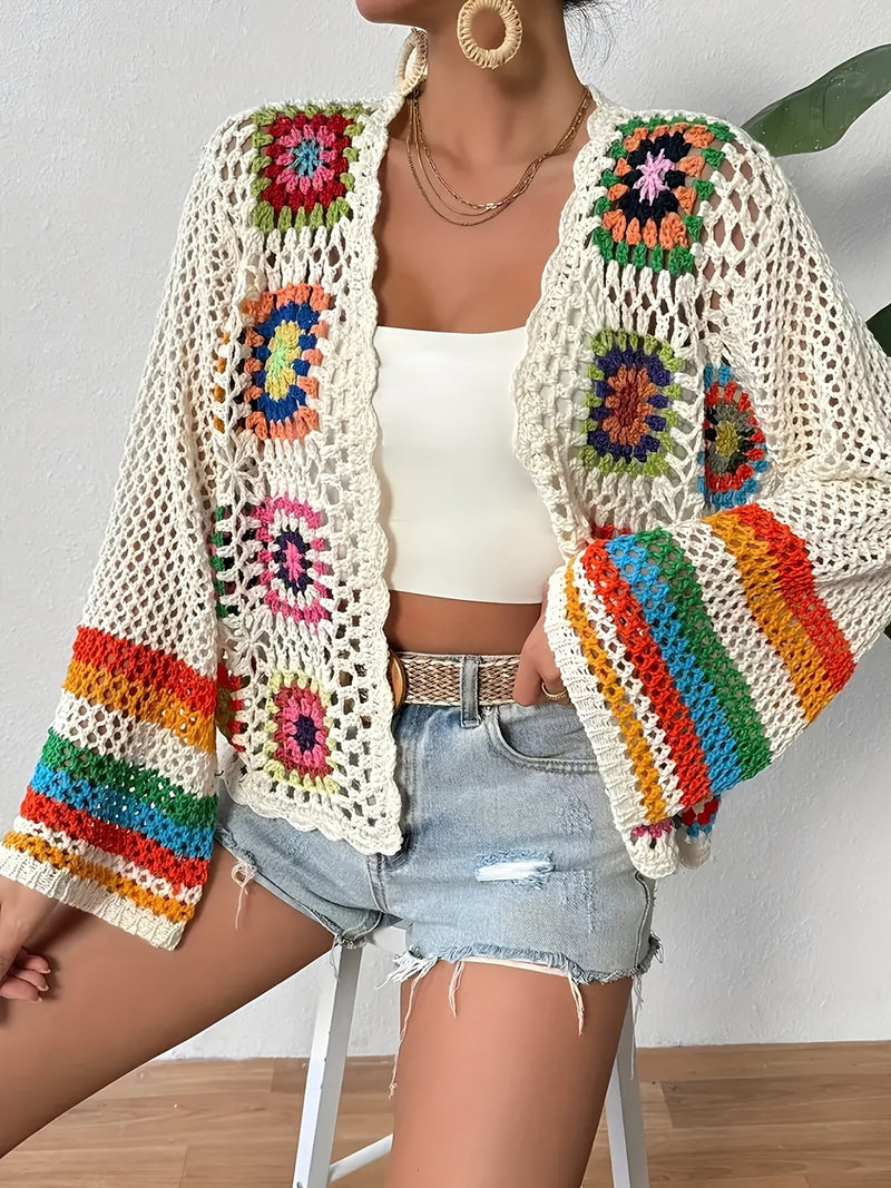 Colorful Crocheted Cardigan with Flowers – Stylish and Breathable for Spring and Autumn
