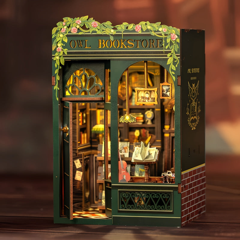 Udělej to sám: Miniaturní Knihkupectví Sov – 3D Dřevěná Sada s Osvětlením pro Kreativní Dekoraci