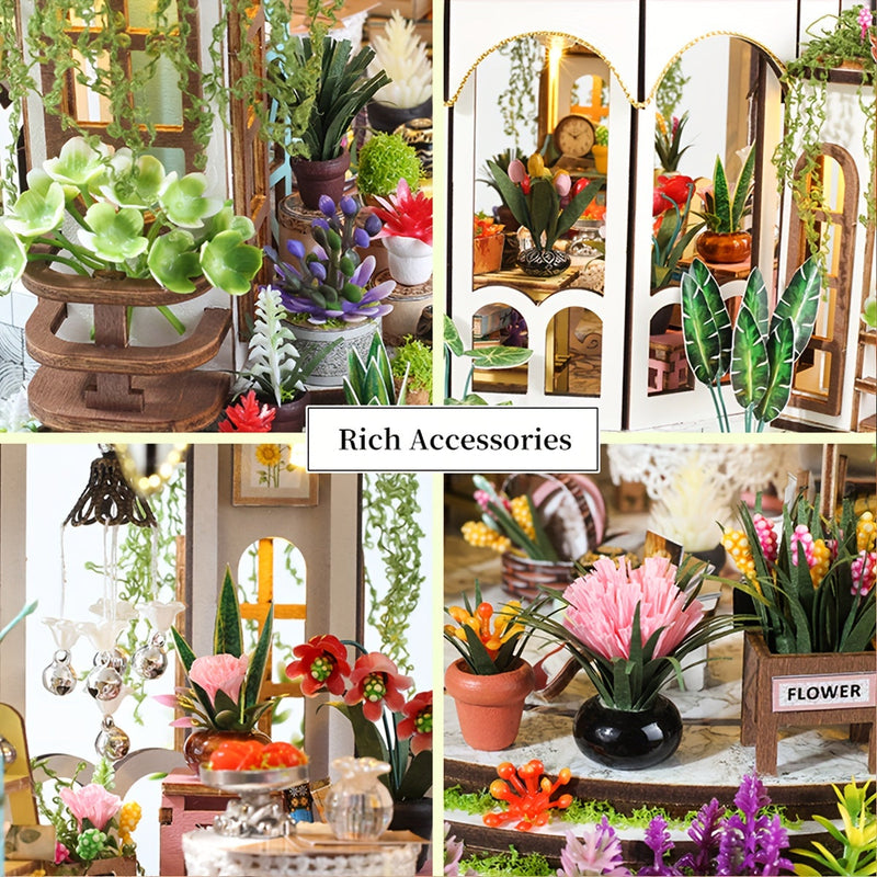 Miniaturowy Kwiatowy Domek – 3D Drewniana Układanka z Oświetleniem LED i Szczegółowym Ogrodem