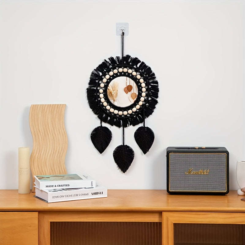 Boho Wall Mirror with Macramé and Tassels – Decorative Mirror with Beads and Feathers
