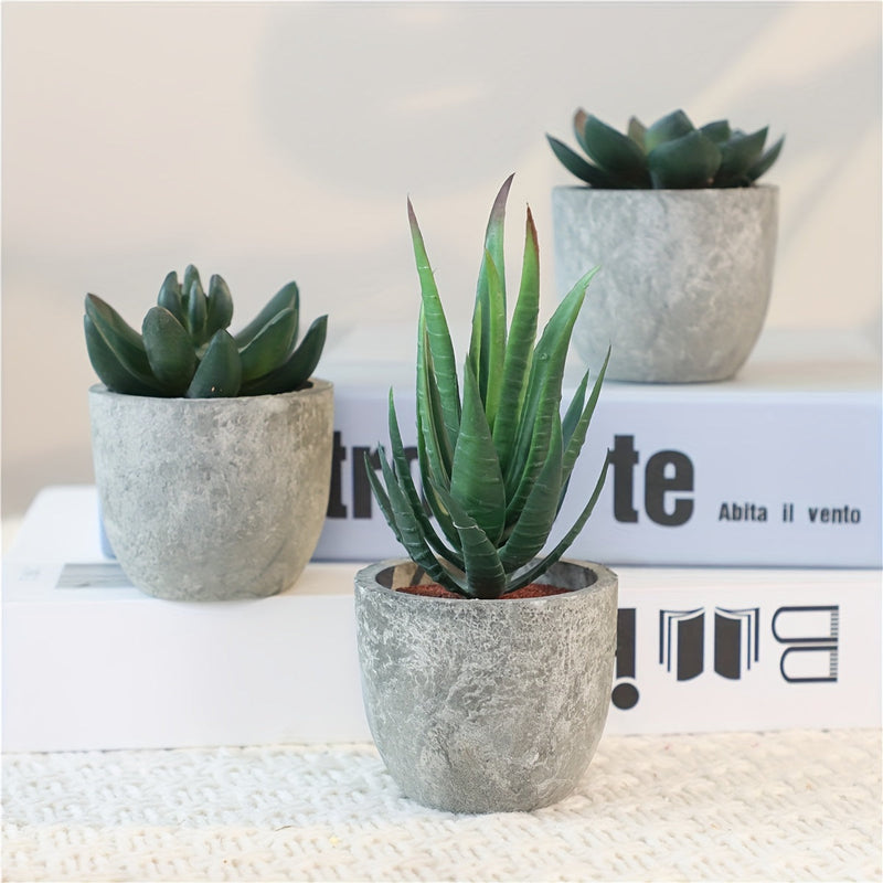 Set of decorative mini artificial plants with a concrete look – Stylish green accent for any interior