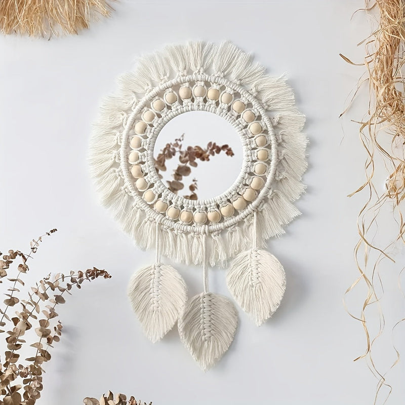 Boho Wall Mirror with Macramé and Tassels – Decorative Mirror with Beads and Feathers