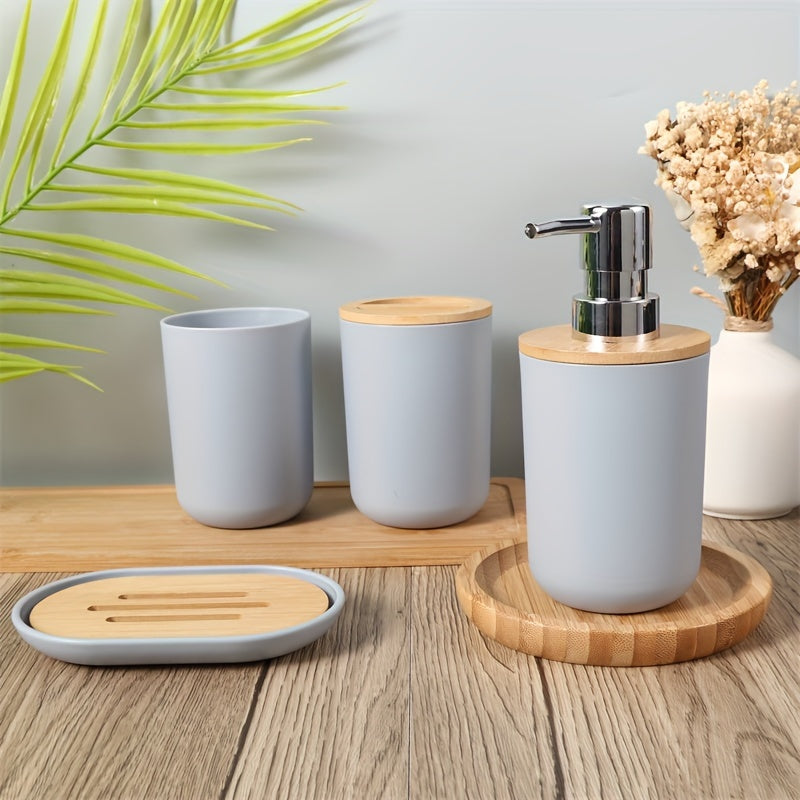 Zestaw Akcesoriów Łazienkowych z Bambusową Pokrywką – 4-częściowy Zestaw do Dekoracji Łazienki