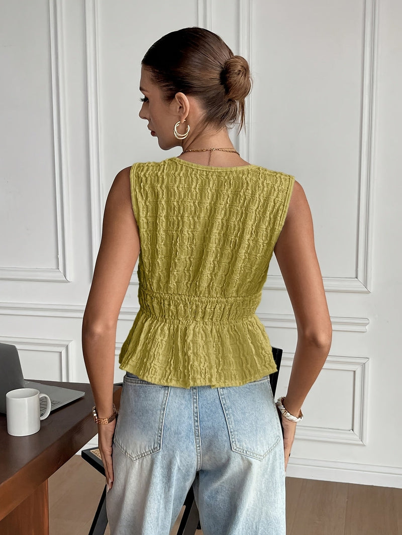 Bluză casual elegantă damă fără mâneci – stil francez cu decolteu în V și volane