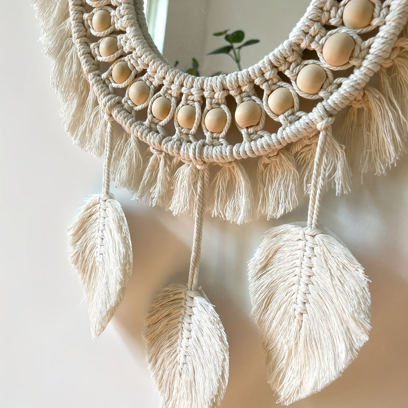 Boho Wall Mirror with Macramé and Tassels – Decorative Mirror with Beads and Feathers