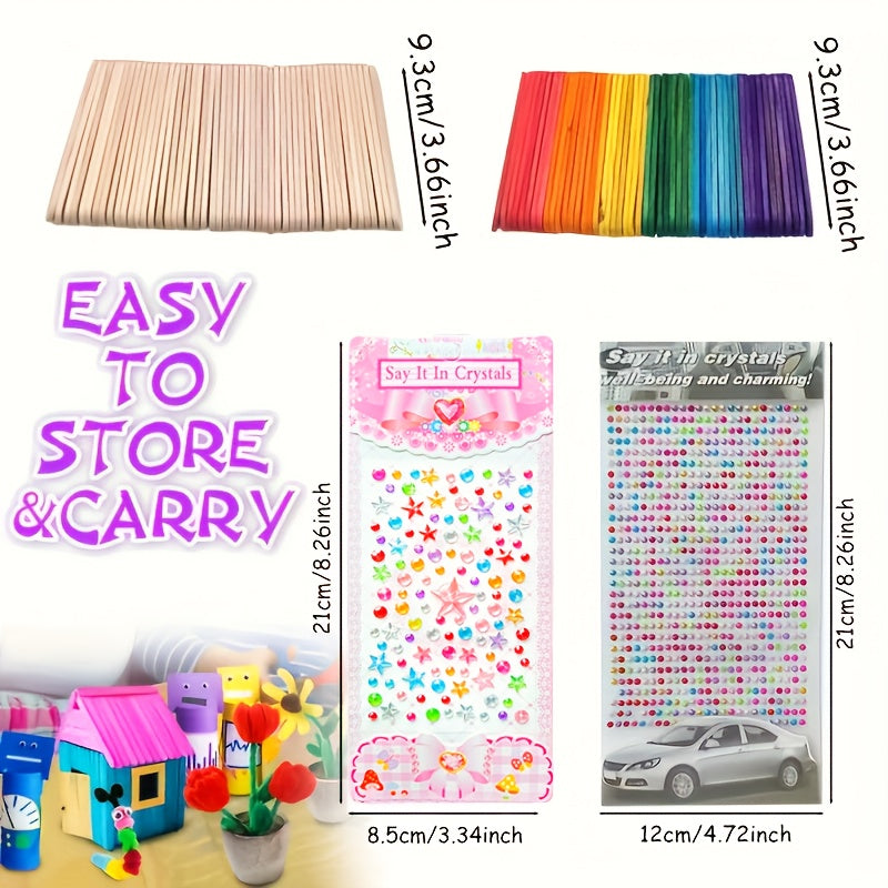 Kompletny zestaw kreatywny dla dzieci – Zestaw z naklejkami, patyczkami, piórami i innymi