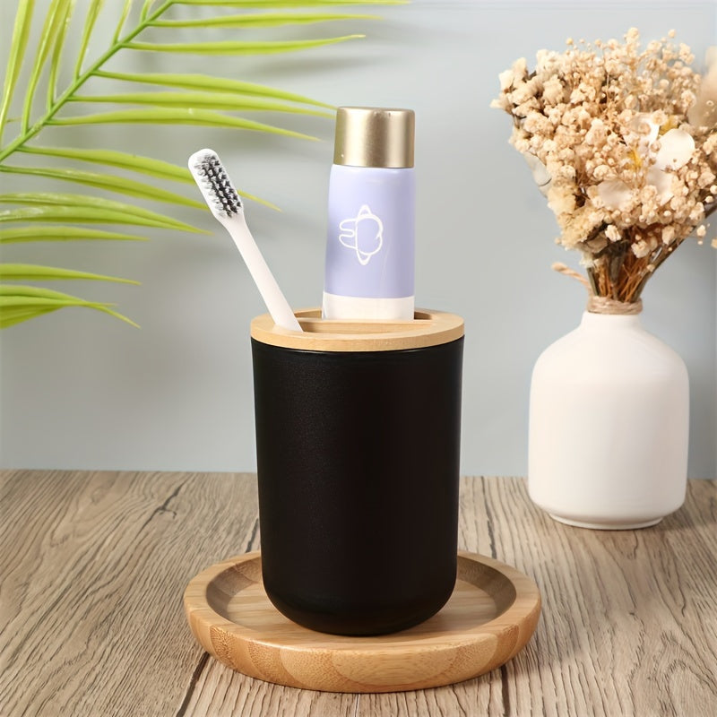 Zestaw Akcesoriów Łazienkowych z Bambusową Pokrywką – 4-częściowy Zestaw do Dekoracji Łazienki