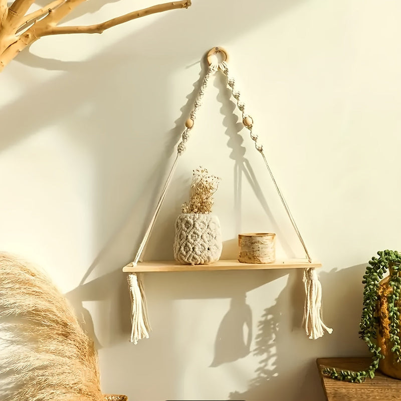 Boho Macrame Wall Shelf – Handcrafted Wooden Shelf with Rope Design for a Cozy Interior