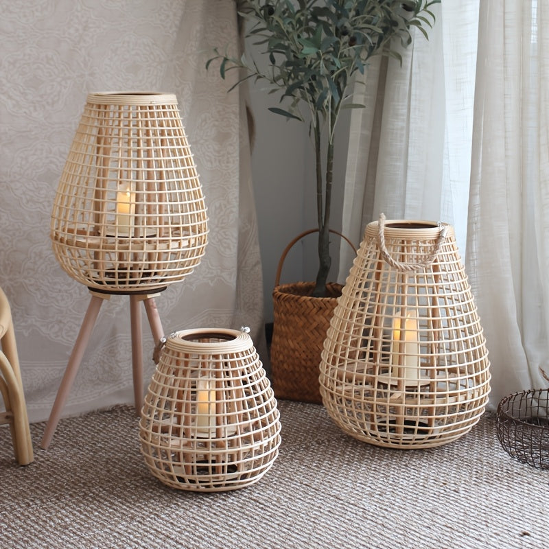 Handwoven Rattan Lamp with Candle Holders – Loose Decorative Element for Living Room, Balcony or Gastronomy