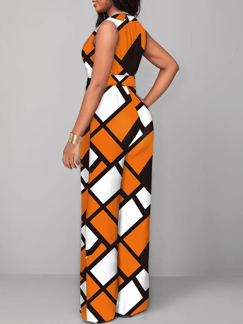 Elegancki Kombinezon z Geometrycznym Wzorem – Szerokie Nogawki i Pasek na Imprezy i Codzienne Stylizacje