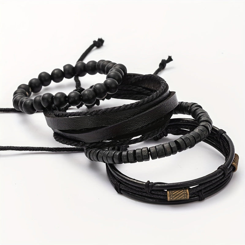 Stylowy Zestaw Skórzanych i Drewnianych Bransoletek - Dla Nowoczesnego Mężczyzny