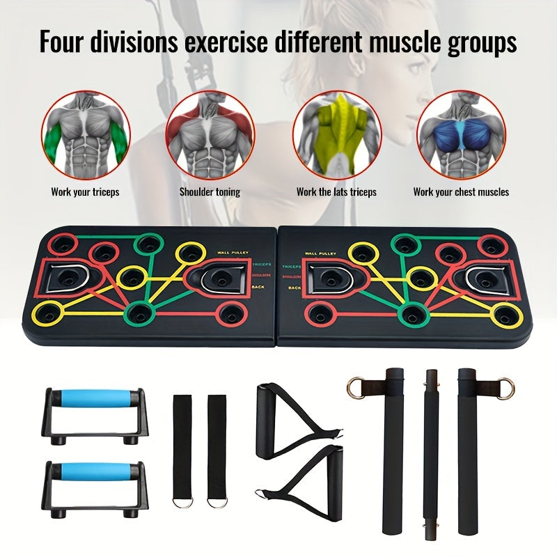 Zestaw deski do pompków z uchwytami, taśmami oporowymi i akcesoriami – idealny do treningu klatki piersiowej i brzucha
