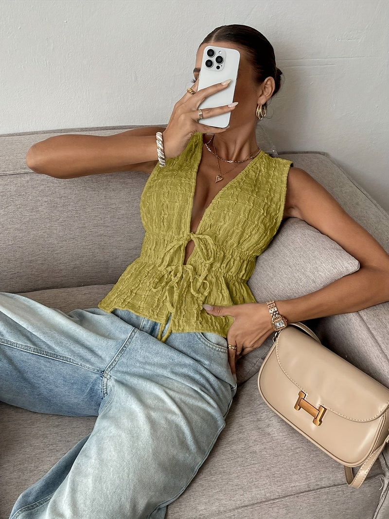 Bluză casual elegantă damă fără mâneci – stil francez cu decolteu în V și volane