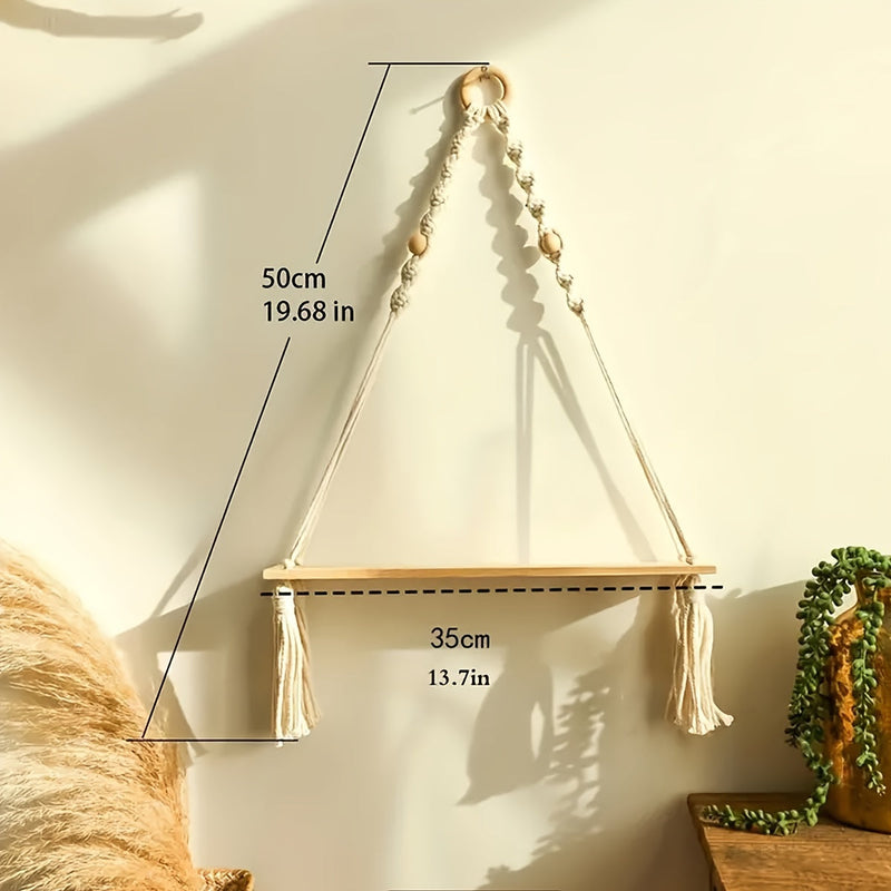 Boho Macrame Wall Shelf – Handcrafted Wooden Shelf with Rope Design for a Cozy Interior