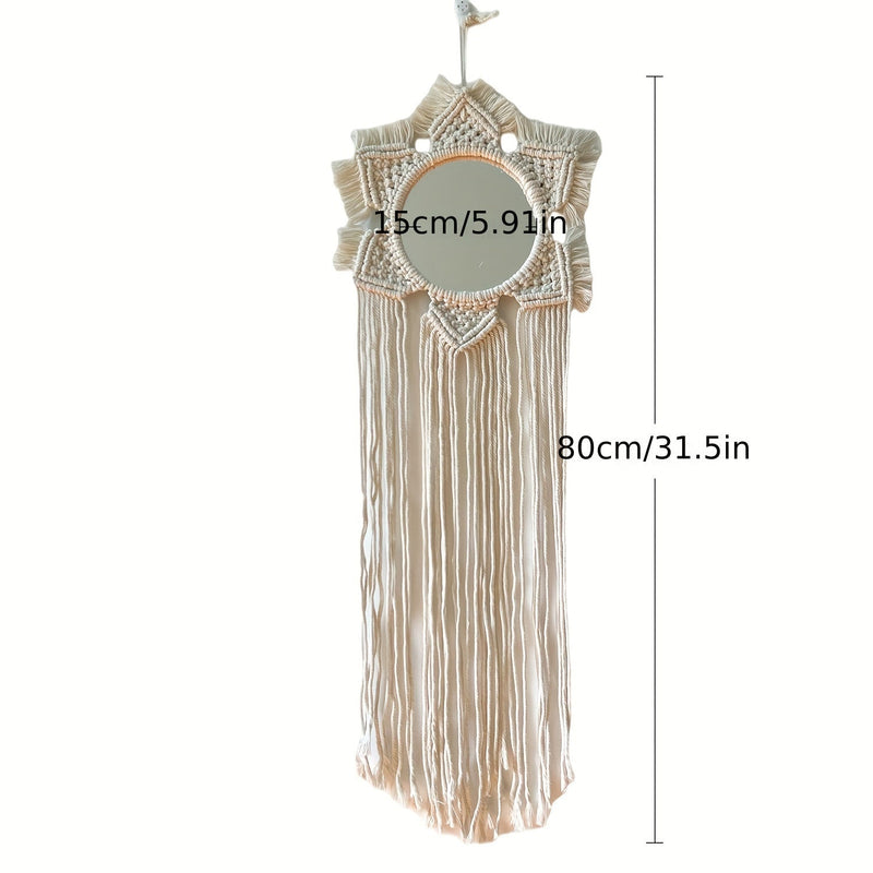 Boho Wall Mirror with Macramé and Tassels – Decorative Mirror with Beads and Feathers