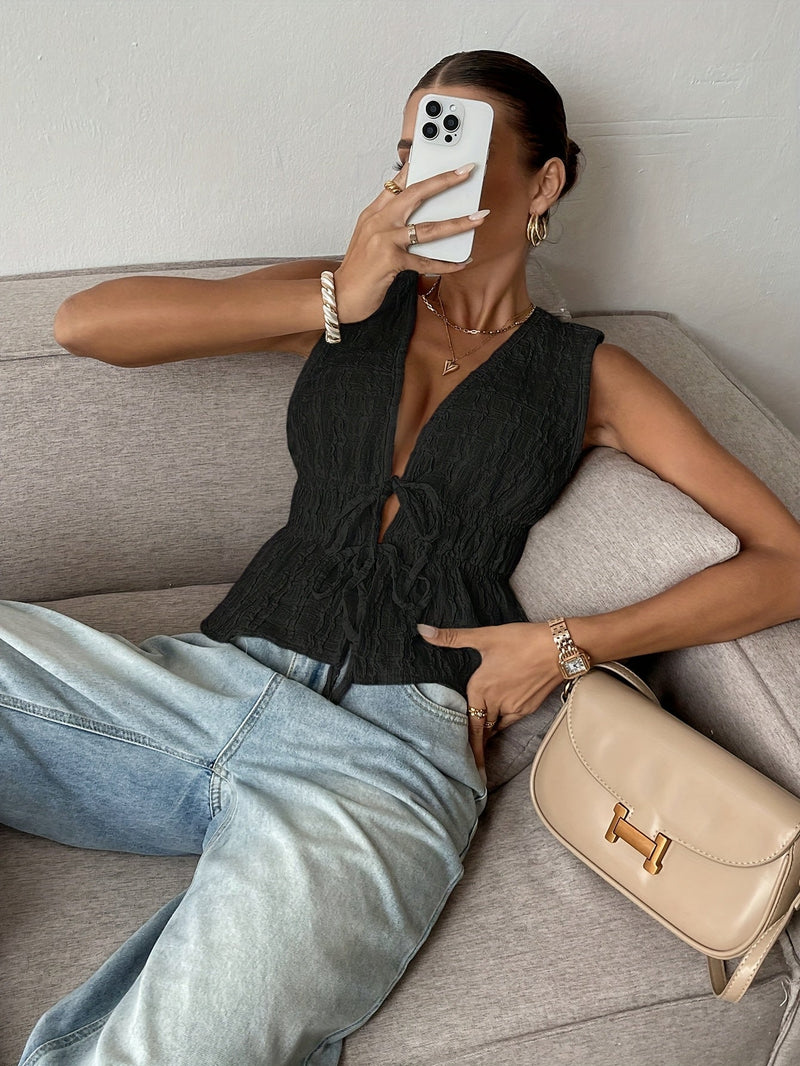 Bluză casual elegantă damă fără mâneci – stil francez cu decolteu în V și volane