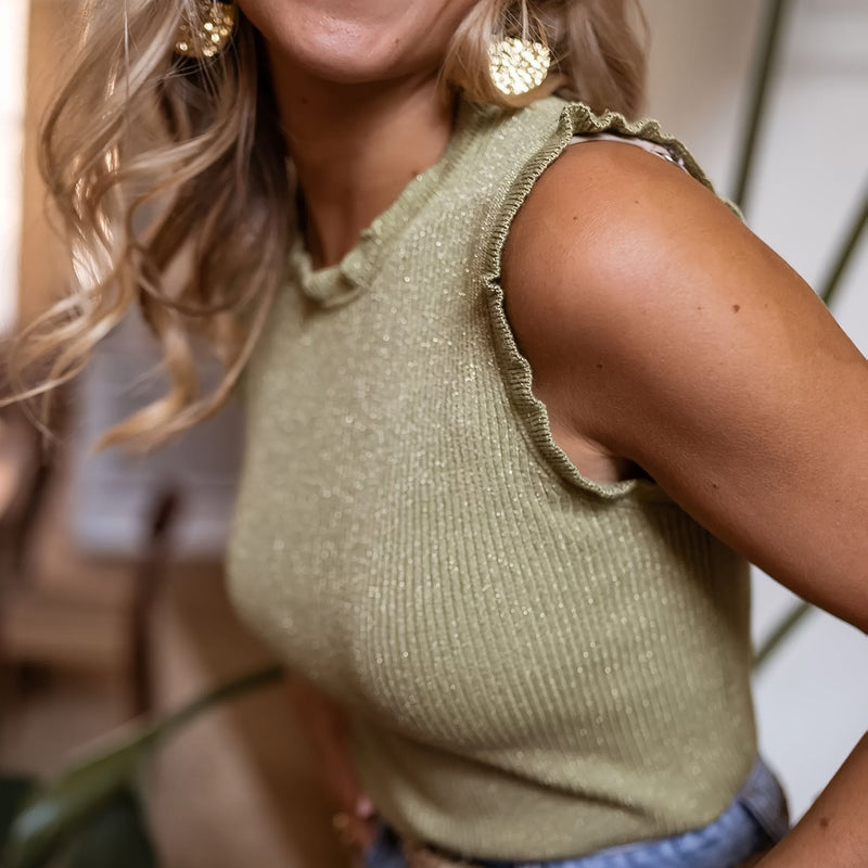 Elegancka Top bez Rękawów z Błyszczącymi Pasami i Kraciastymi Krawędziami